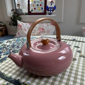 Vintage Mikasa Habitat Antique Rose Enameled Kettle with Wooden Handle